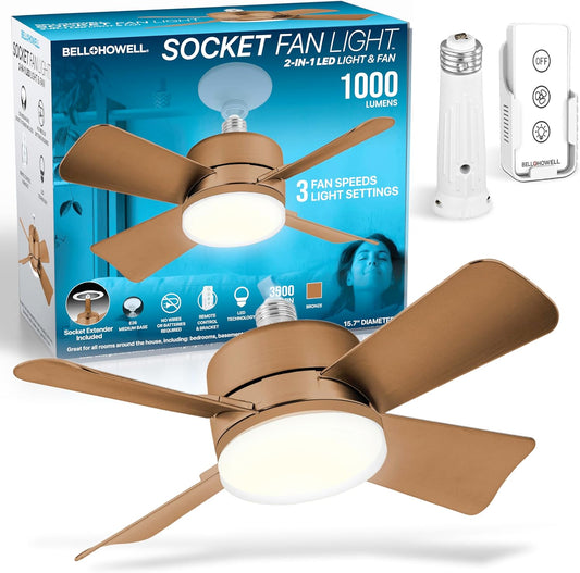 Bell+Howell Socket Breeze Socket Fan Light with Remote, Portable Small Ceiling Fans with Lights for Bedroom, Kitchen, Living Room, Ceiling Fan with Light 3500K, 1000 Lumens, Screws into E26\/E27