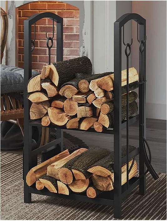 Indoor Outdoor Wrought Iron Firewood Log Storage Rack Holder Firepit Tools Set for Fireplace, Fire Pit, Stove, Firewood Rack Bin Log Holder