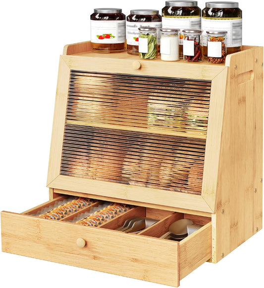 HOOBRO Bread Box, Bamboo Bread Box Storage Container with Drawer, 2-Tier Kitchen Countertop Food Storage Box with Acrylic Door, for Food, Natural YL21MB01