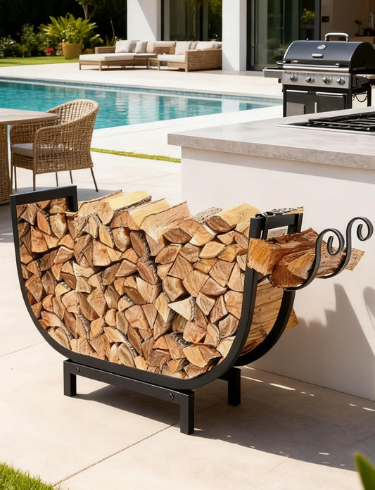 24 in Curved Double Coated Fire Wood Rack,Firewood Rack Outdoor and Indoor Firewood Storage with Kindling Wood Hooks，Fireplace