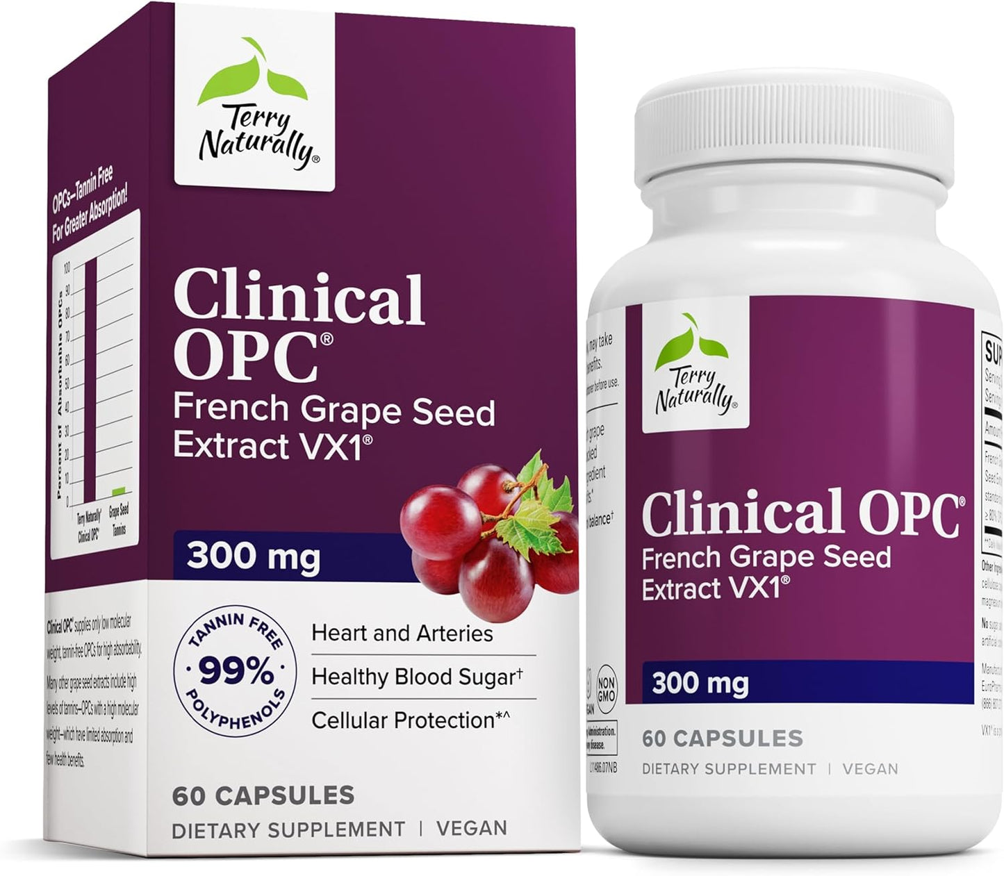 Terry Naturally Clinical OPC - Cardiovascular Health & Focus Support Supplement - Dietary Supplement with Grape Seed Extract & Sunflower Lecithin - Immune Support Supplement - 300 mg, 60 Capsules