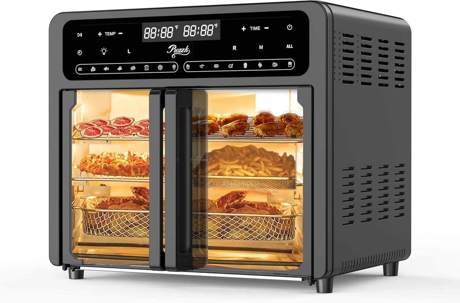 25.4QT Dual Zone Air Fryer Toaster Oven Combo, French Glass Door, XL Capacity, 100-430°F Temperature Range, 16 Preset Functions, LED Display, Dual Fan, 360° Heat Circulation