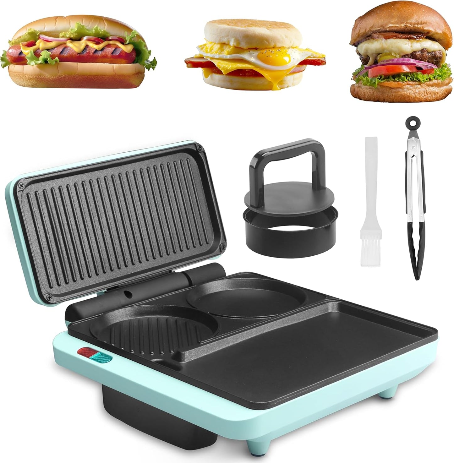 Baker's Friend Breakfast Sandwich Maker, Nonstick Electric Griddle & Grill Combo, 3 in 1 Breakfast Station, Make Egg Muffin Sandwiches Burgers Hot dogs & Pancakes, Includes Burger Press, Tong & Brush