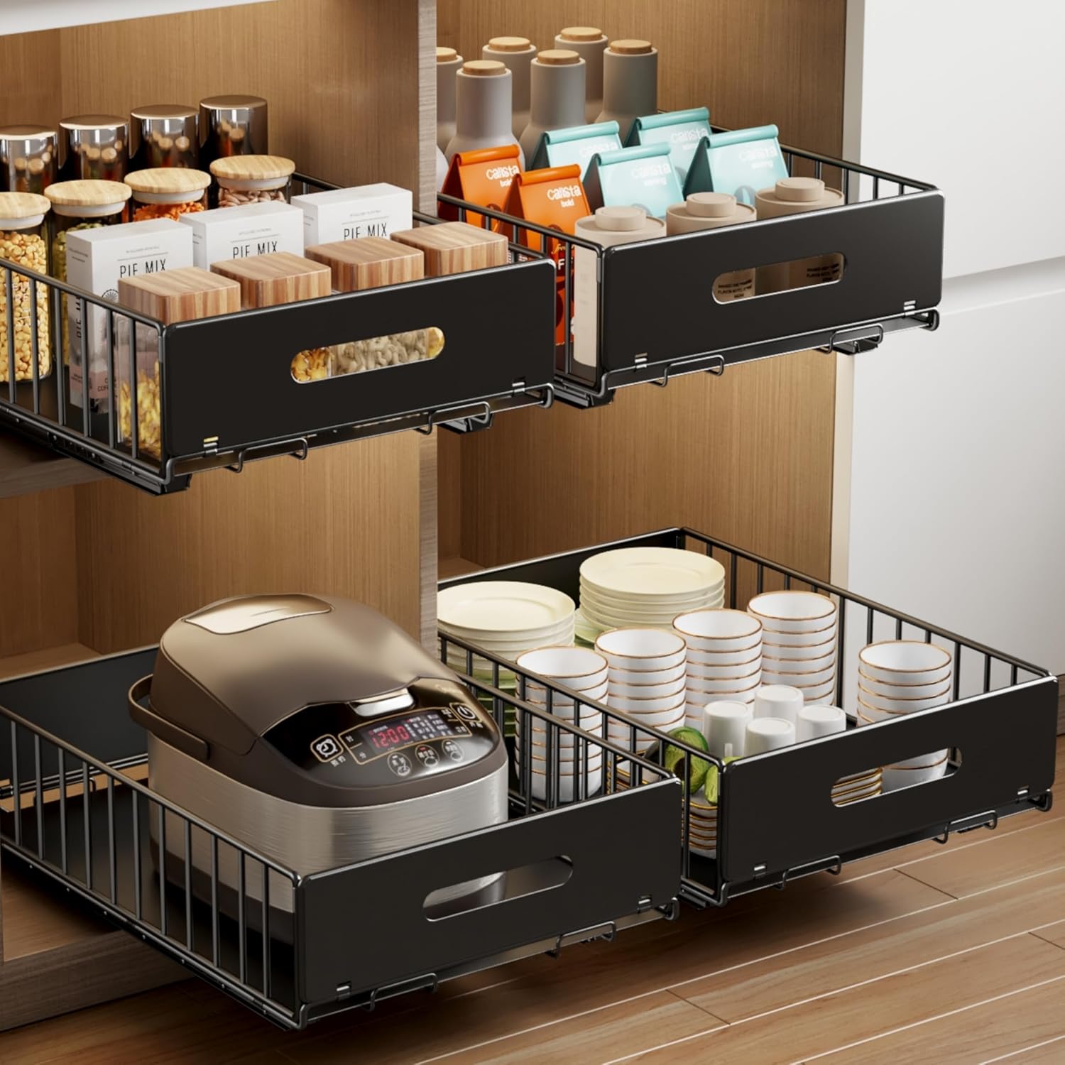 Mustorn 2 Pack Pull Out Cabinet Organizer, Slide Out Drawers for Cabinets, Peel and Stick, Heavy Duty Shelves for Kitchen, Cupboard, Pantry, Bathroom (16.5" D*11.8" W*3.94" H-Black)