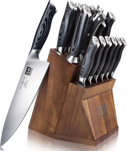 SHAN ZU Knife Sets for Kitchen with Block, Knife Block Set, Japanese Super Steel Kitchen Knife Sets with Removable Block & K133 Ergonomic Handle, Black Tortoise Genbu Series