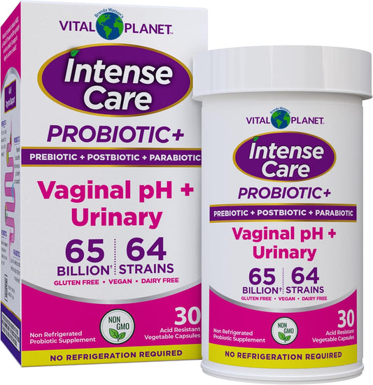 Vital Planet - Intense Care Vaginal pH & Urinary Probiotics for Women Plus Organic Prebiotics, Postbiotics, and Parabiotics, 65 Billion CFU and 64 Strains, Immune and Digestive Health 30 ct