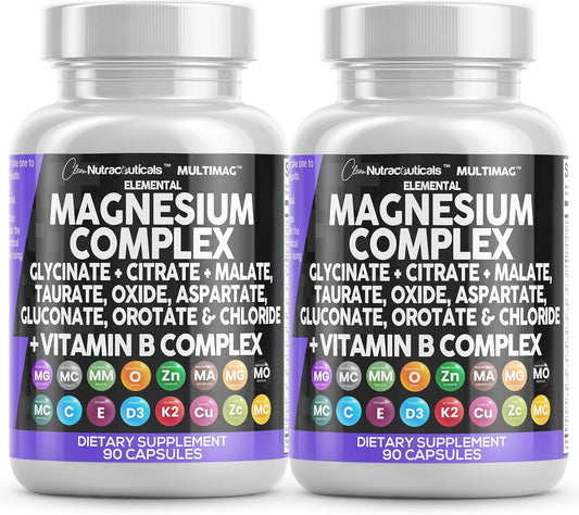 Clean Nutraceuticals Magnesium Complex 2285mg with Magnesium Glycinate Citrate Malate Oxide Taurate Aspartate Orotate & Mag Chloride, Zinc Copper Manganese & Vitamin C B1 B2 B6 B12 Complex - 2Pack