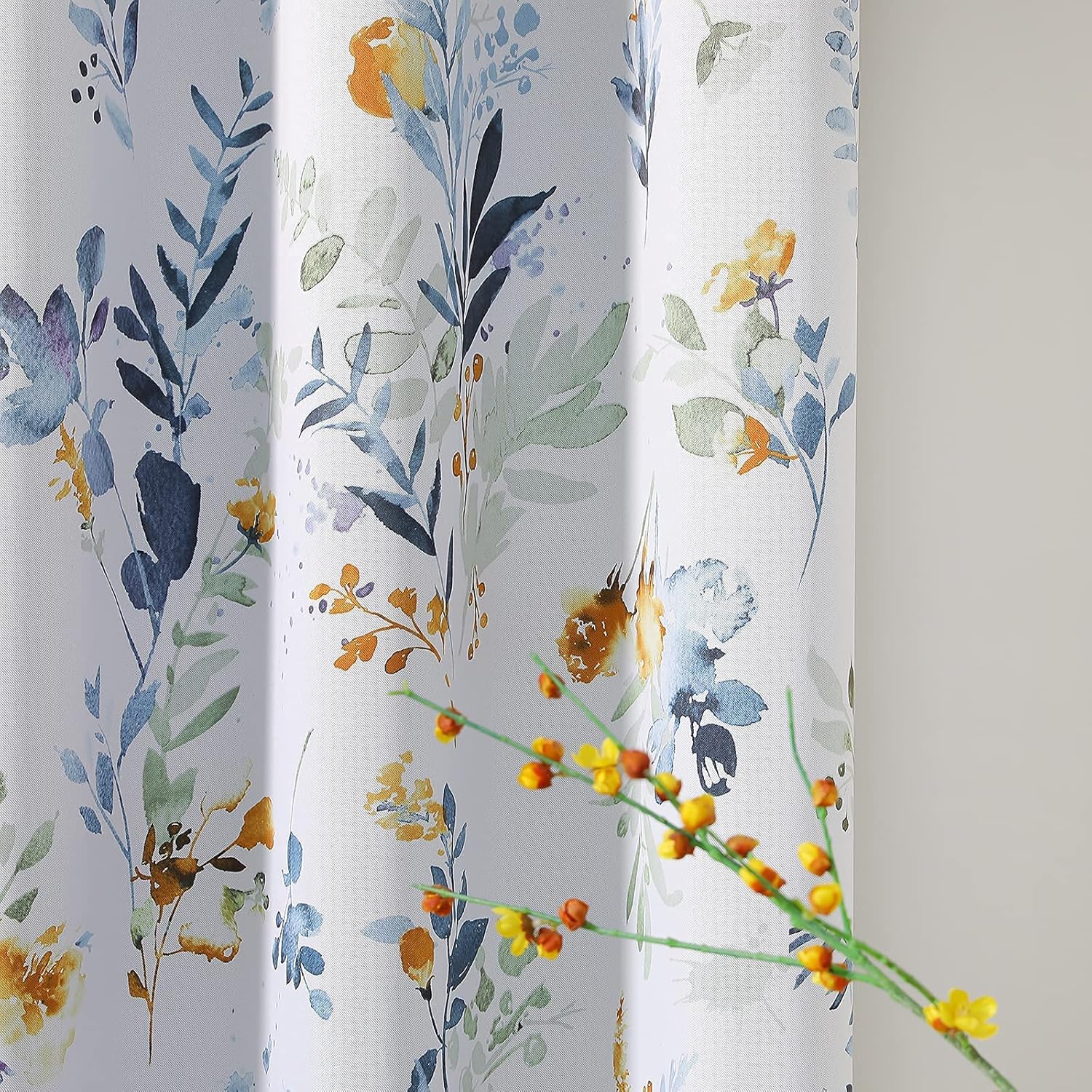 MYSKY HOME Floral Blackout Curtains 63 Inch Long Living Room Bedroom Curtains Thermal Insulated Curtains Room Darkening Curtains Printed Flower Leaf Window Treatments, 2 Panels, Yellow and Blue