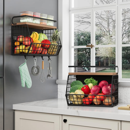 Clothink 2 Set Magnetic Shelf for Fridge,Onion and Potato Spice Snacks Fruit and Vegetable Storage and Organizer,Wall Hanging Wire Basket for Pantry,Kitchen Countertop,RV and Laundry