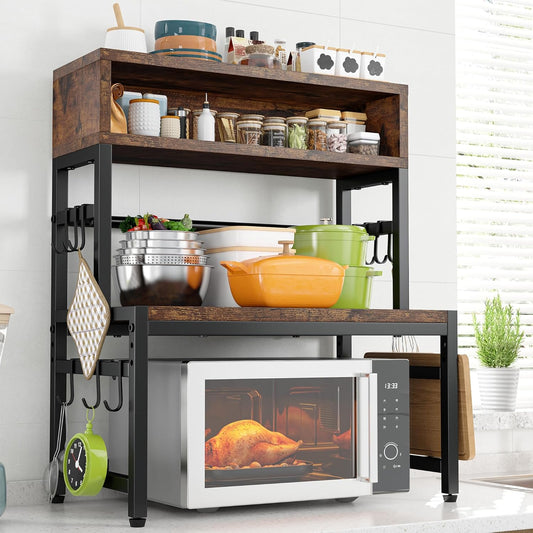 EnHomee Microwave Stand, 4-Tier with 9 Hooks for Kitchen Countertop Organizer, 205LBS Microwave Shelf, Adjustable Kitchen Shelves Microwave Stand with Storage and Microwave Oven Rack (Brown)