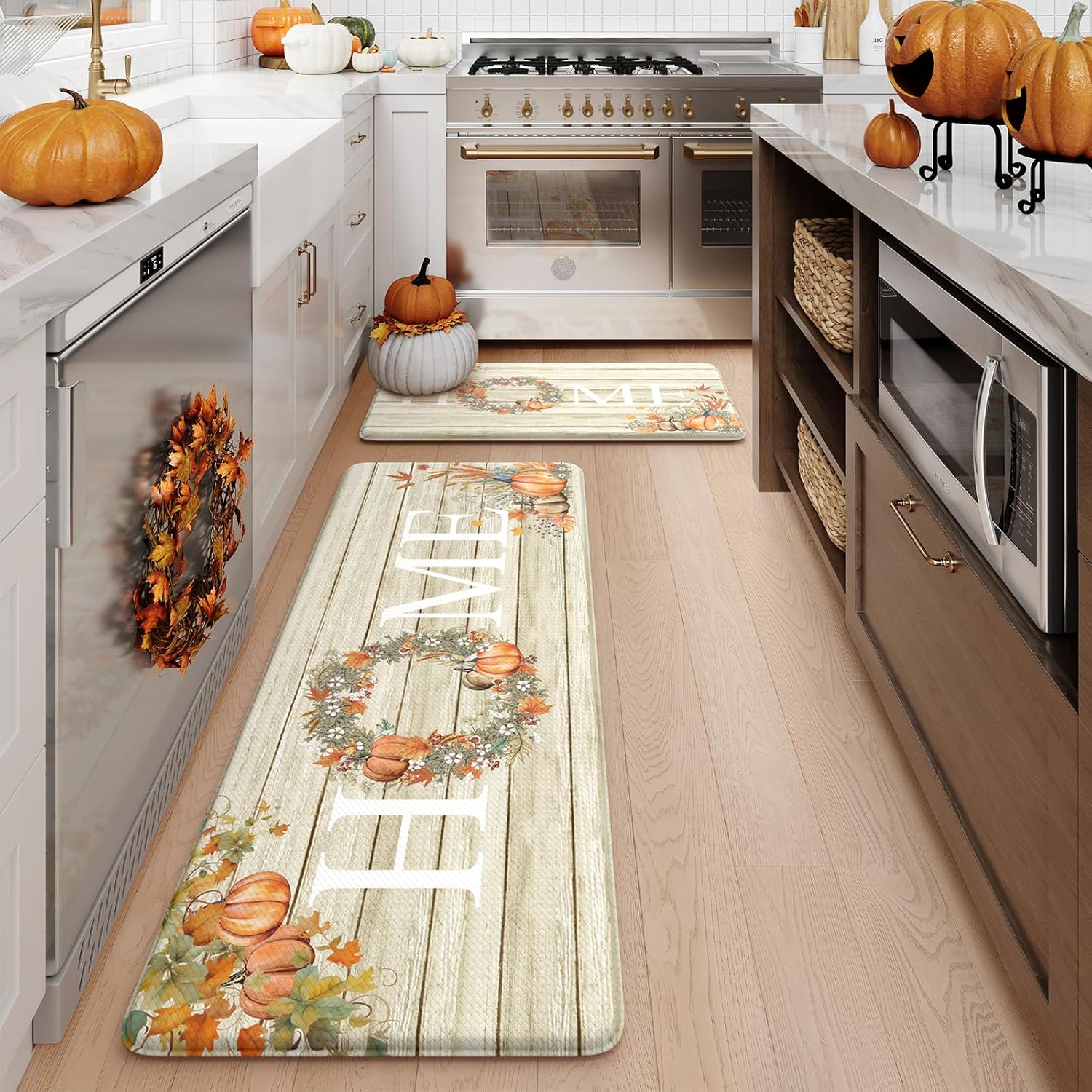 KIMODE Fall Kitchen Mat for Floor Anti Fatigue, Pumpkin Orange Kitchen Mats 2 PCS, Autumn Farmhouse Kitchen Rugs Non Slip, Cushioned Kitchen Floor Mats for Sink, Laundry, Desk 17"x47"+17"x29"