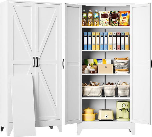 75" Tall Pantry Cabinet,Farmhouse Kitchen Pantry Storage Cabinets with 2 Doors and 5 Shelves,White Metal Storage Cabinet,Large Cupboard for Home,Kitchen,Dining\/Living Room