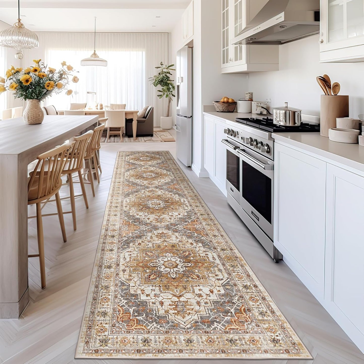 Madane Runner Rugs for Hallway 2x10 Long Washable Non-Slip Hallway Runner Rug Low-Pile Stair Kitchen Runner Throw Carpet for Entrance Living Dining Laundry Room (Turmeric\/Grey, 2 x 10)