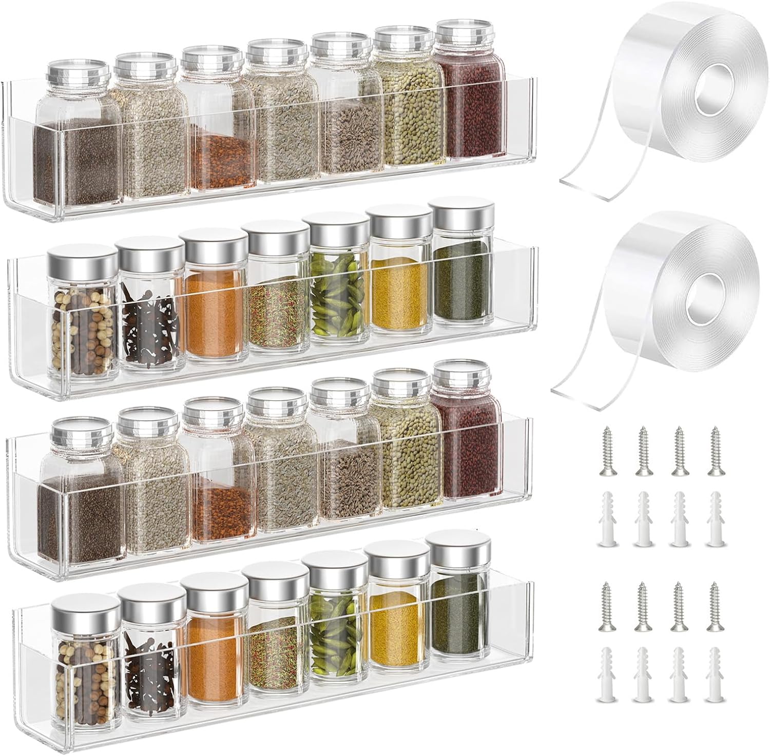 PMMASTO Adhesive Acrylic Spice Rack Organizer for Wall with 2 Nano Double Sided Tape, Spice Shelf Organization for Kitchen Cabinet Door\/Pantry Door, Wall Mount Seasoning Rack (Clear-4 Pack)