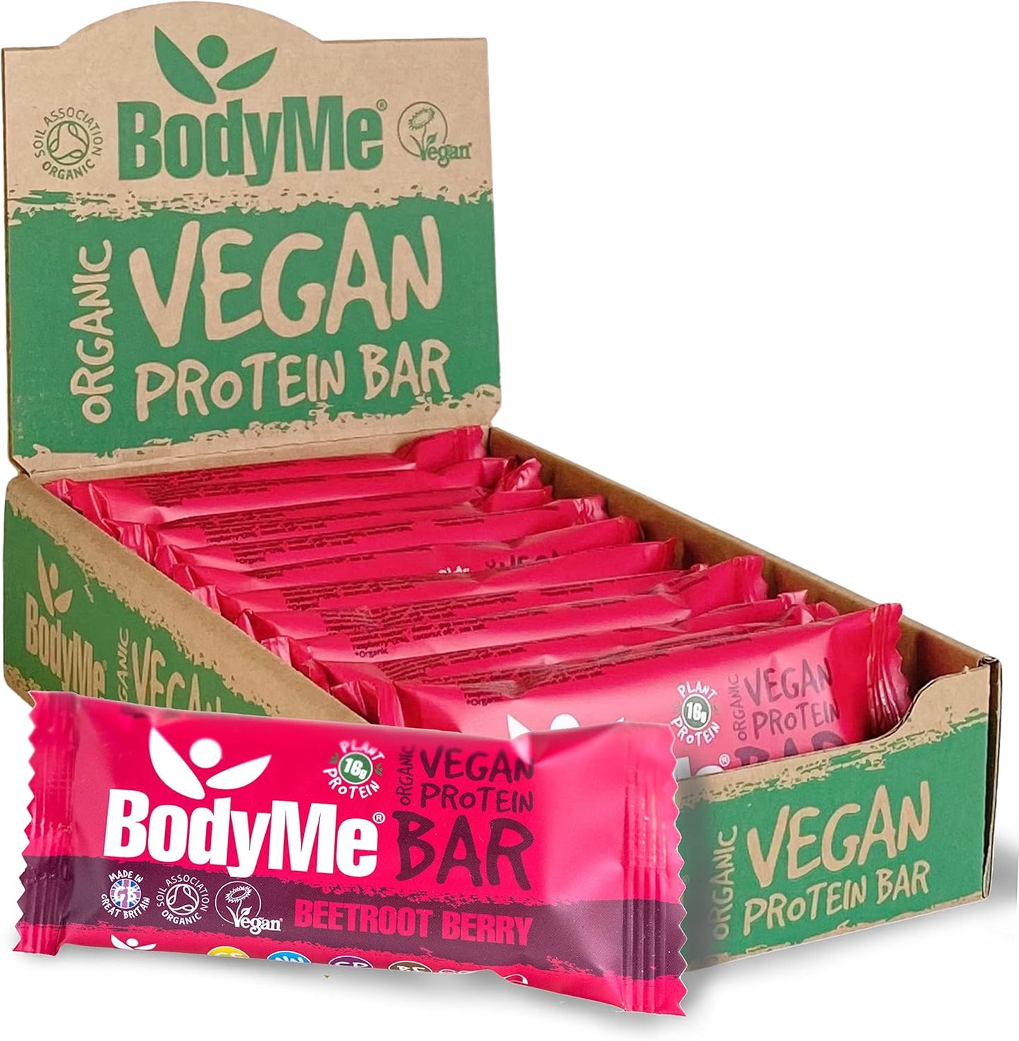 BodyMe Organic Vegan Protein Bar | Raw Beetroot Berry | Box of 12 x 2.12oz (60g) | With 3 Plant Proteins