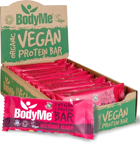 BodyMe Organic Vegan Protein Bar | Raw Beetroot Berry | Box of 12 x 2.12oz (60g) | With 3 Plant Proteins