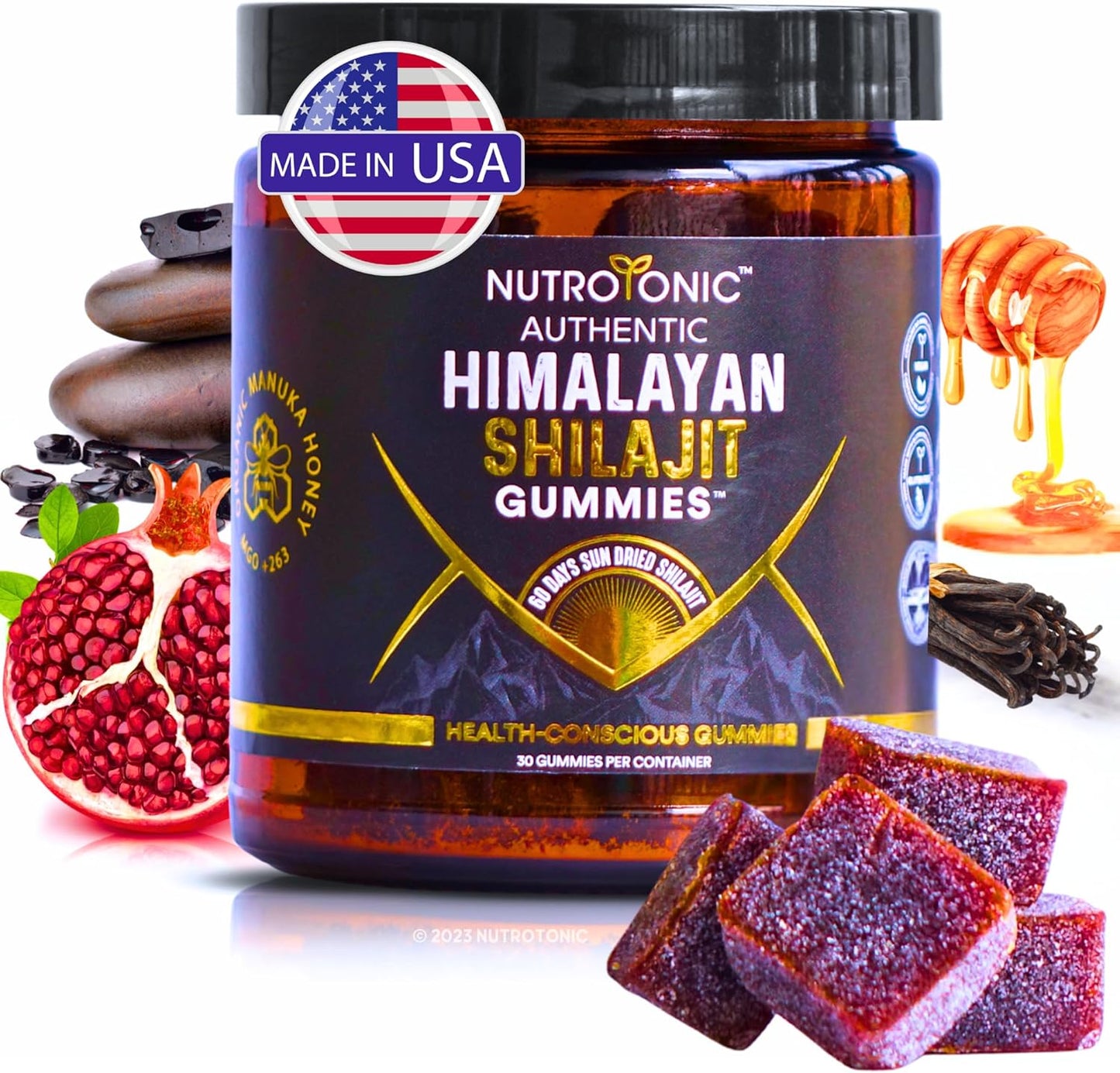 NutroTonic® Organic Himalayan Shilajit Gummies – Pomegranate & Vanilla Flavored – Wild Crafted Manuka Honey MGO +263 – Cellular Energy & Hormonal Balance – Made in USA – 30 Healthy Gummies