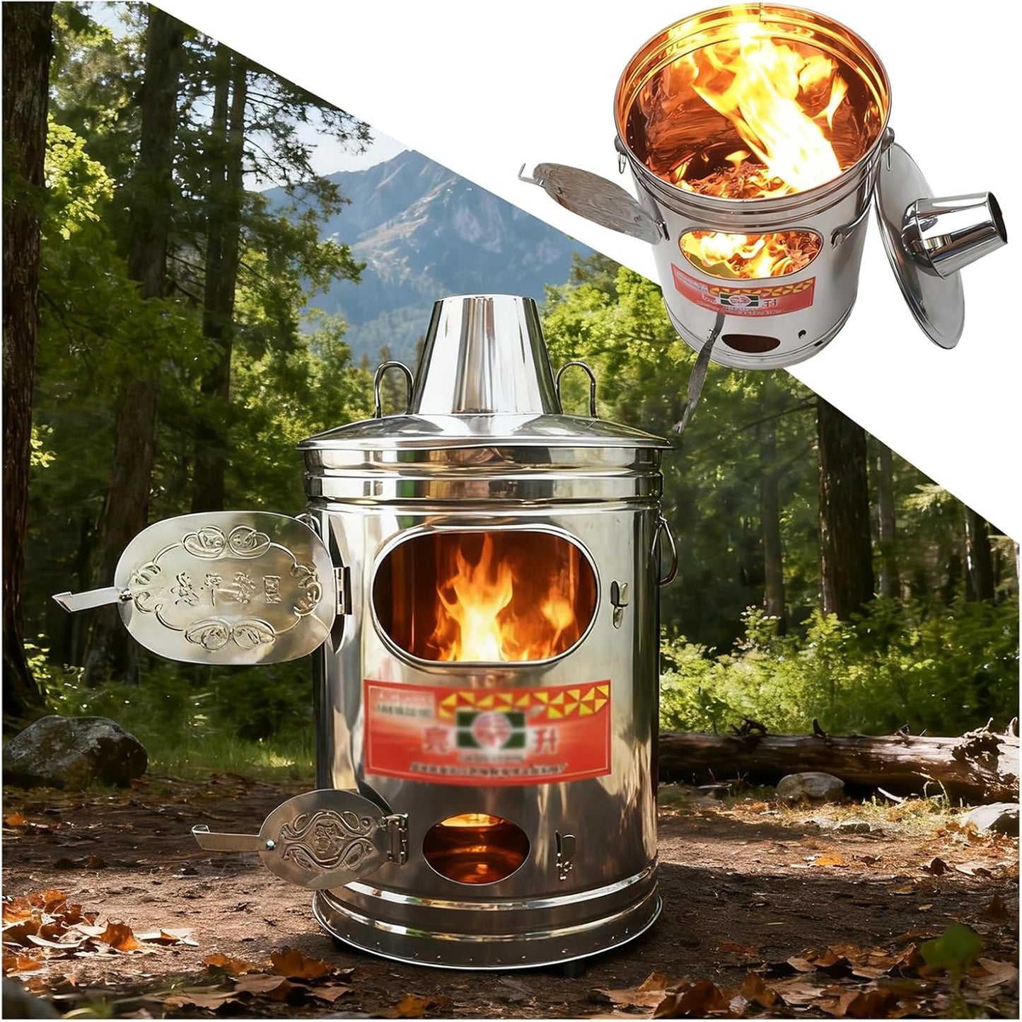 Portable Incinerator Stainless Steel Burning Barrel Outdoor Leaf and Trash Burning Garden with Chimney Cap Fire Hook and Stand Silver(44x66cm\/17.3x25.9\u201D)