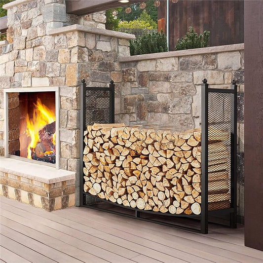 3.8ft Firewood Rack with Mesh Sides, Heavy Duty Fire Wood Stand Holder for Outdoor Indoor Fireplace Log Storage, Metal Lumber Stacker Organizer,