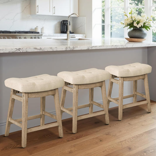 RNKSFX Counter Height Bar Stools Set of 3 for Kitchen Counter Farmhouse Modern Barstools with Upholstered Fabric Backless Seat and Solid Wood Legs 24 inch Bar Chairs, Khaki + Wood Color