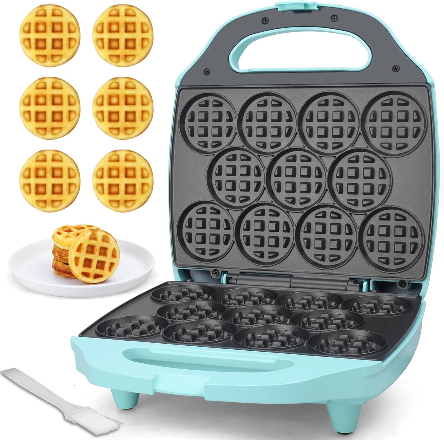 Baker's Friend, Bite-size Mini Waffle Maker for Kids & Adults, Small Waffle Maker Mini Belgian Waffle Machine, 11 X 2.2\u201D Tiny Nonstick Waffles Iron, Recipe Included, Aqua