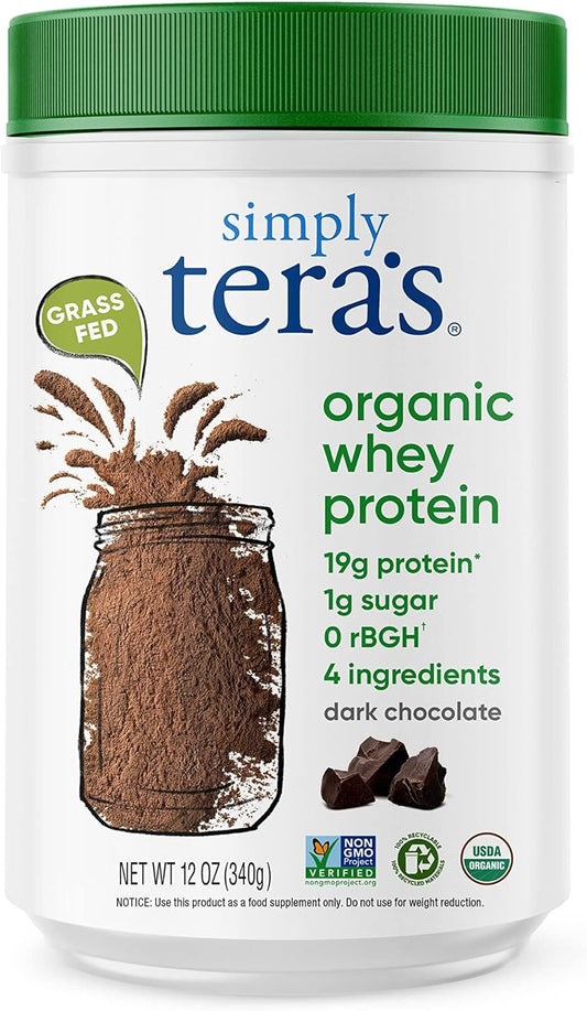 simply tera's organic whey protein powder, dark chocolate flavor