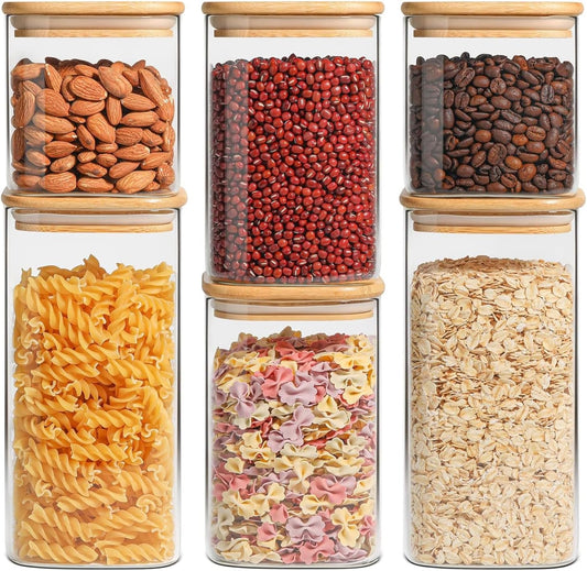 ComSaf Airtight Glass Storage Canister with Lids (0.7Qt\/1.2Qt\/1.6Qt) Set of 6, Food Storage Container Kitchen Pantry Storage Jar, Glass Jars for Flour Cereal Sugar Tea Coffee Beans Snacks, Square