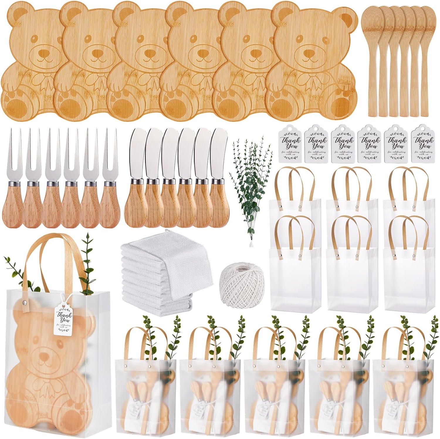 55Pcs Baby Shower Prizes for Game Winners 6 Sets Bear Shaped Cheese Board Gift with Spoons Butter Spreaders Gift Bags Kitchen Towels Bridal Shower Party Favors for Guests (Bear Shaped, 6 Sets)