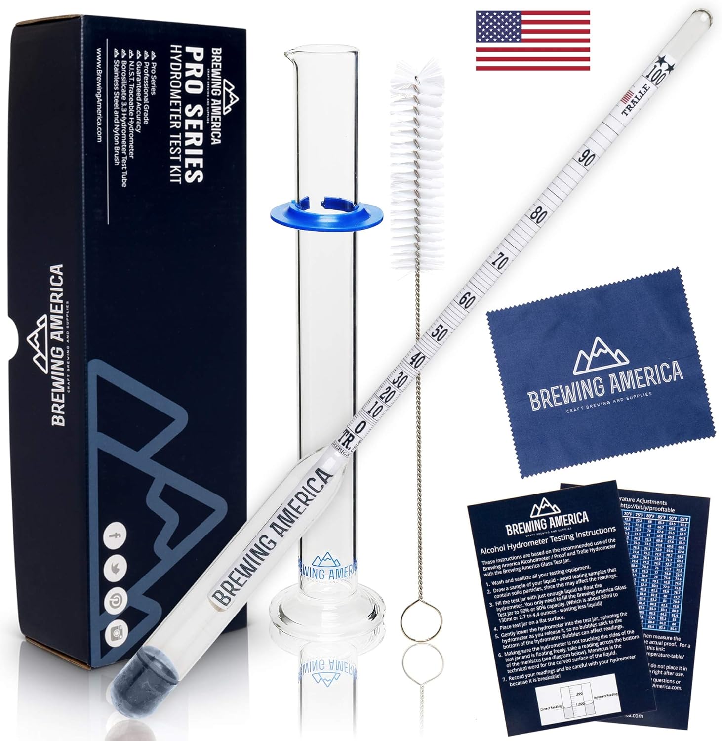 Hydrometer Alcohol Meter Test Kit: Distilled Alcohol American-Made 0-200 Proof Pro Series Traceable Alcoholmeter Tester Set with Glass Jar for Proofing Distilled Spirits - Made in America