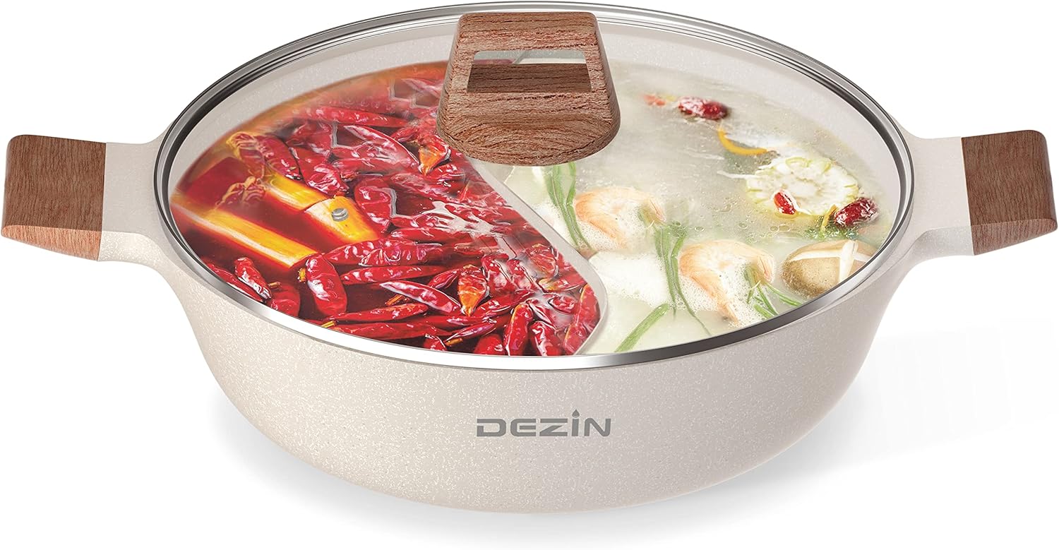 Dezin 5-QT Double-flavor Shabu Shabu Pot with Divider, Dual Sided Nonstick Hot Pot, 12 Inch Divided Stockpot for Cooking, Hotpot for Induction Cooktop, Gas Stove & Hot Burner, Soup Ladle Included