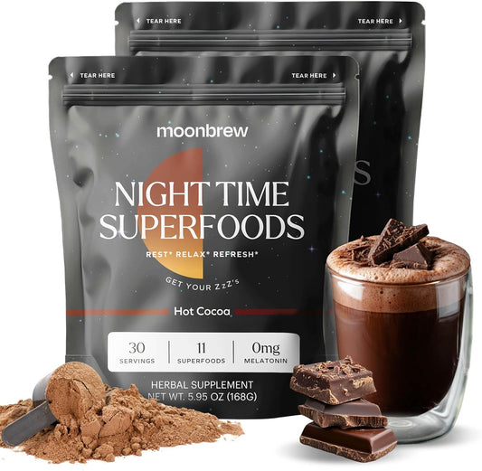 MoonBrew Nighttime Magnesium Hot Cocoa, Natural Sleep Aid Drink Mix for Adults - Calming Melatonin-Free Sleep Support - Sleepy Hot Chocolate Powder with L-Theanine, Chamomile & Zinc Glycinate - 2-Pack