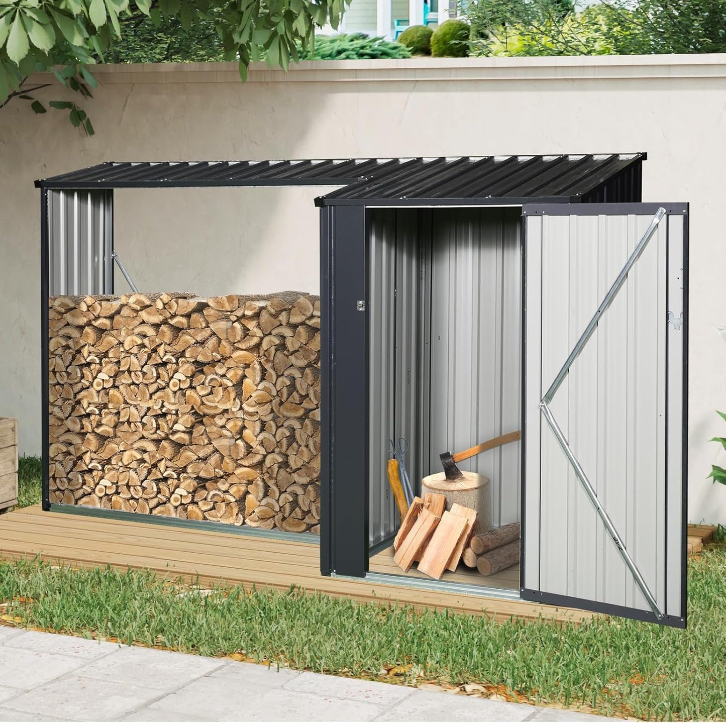 Outdoor Firewood Rack with Storage Shed Galvanized Steel Two in One Design for Backyard Wood Storage Organizer Black 54″ Wide