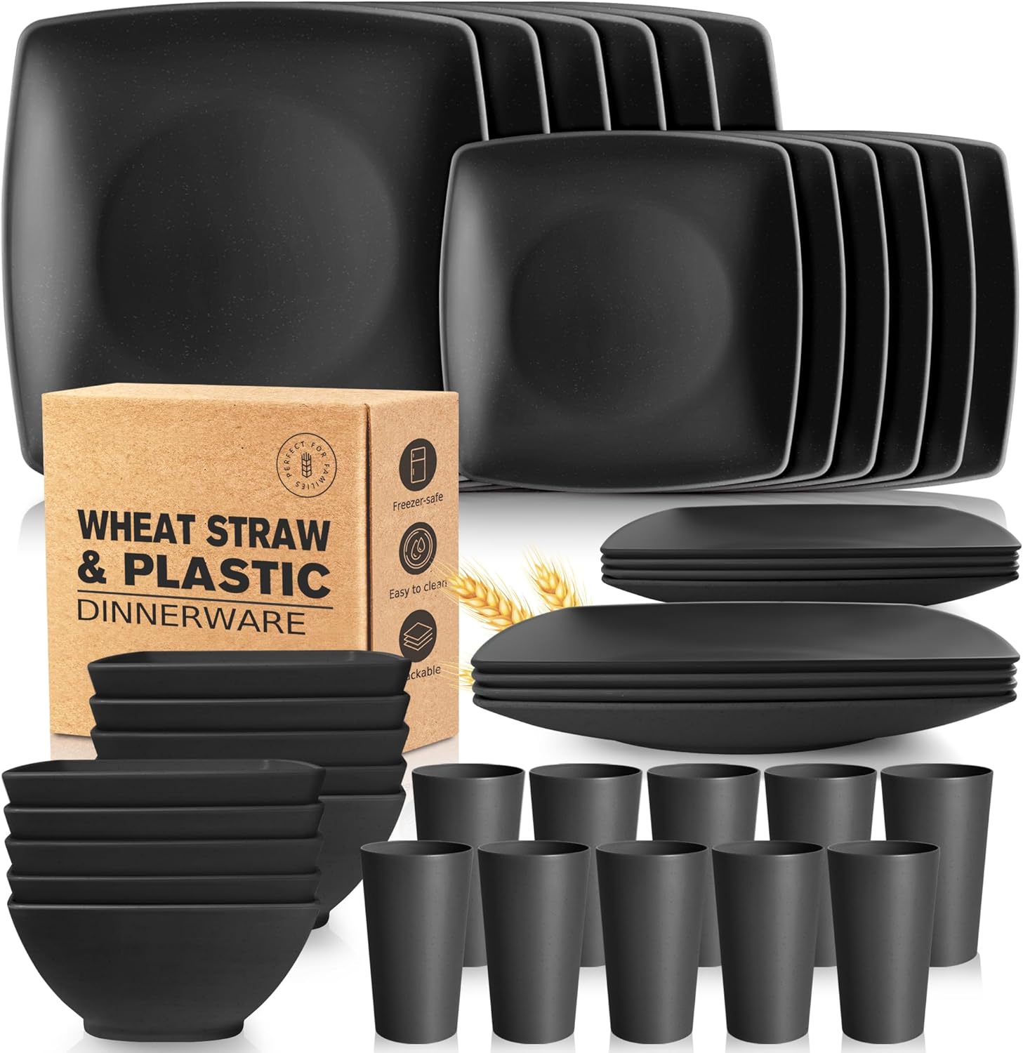 Teivio 40-piece Plastic Wheat Straw Square Dinnerware Set,Service for10, Unbreakable Dinner Plates, Salad Plates, Snack Bowls, Tumblers 13.5 oz, Dishwasher Safe, Kitchen Outdoor Camping Dish, Black