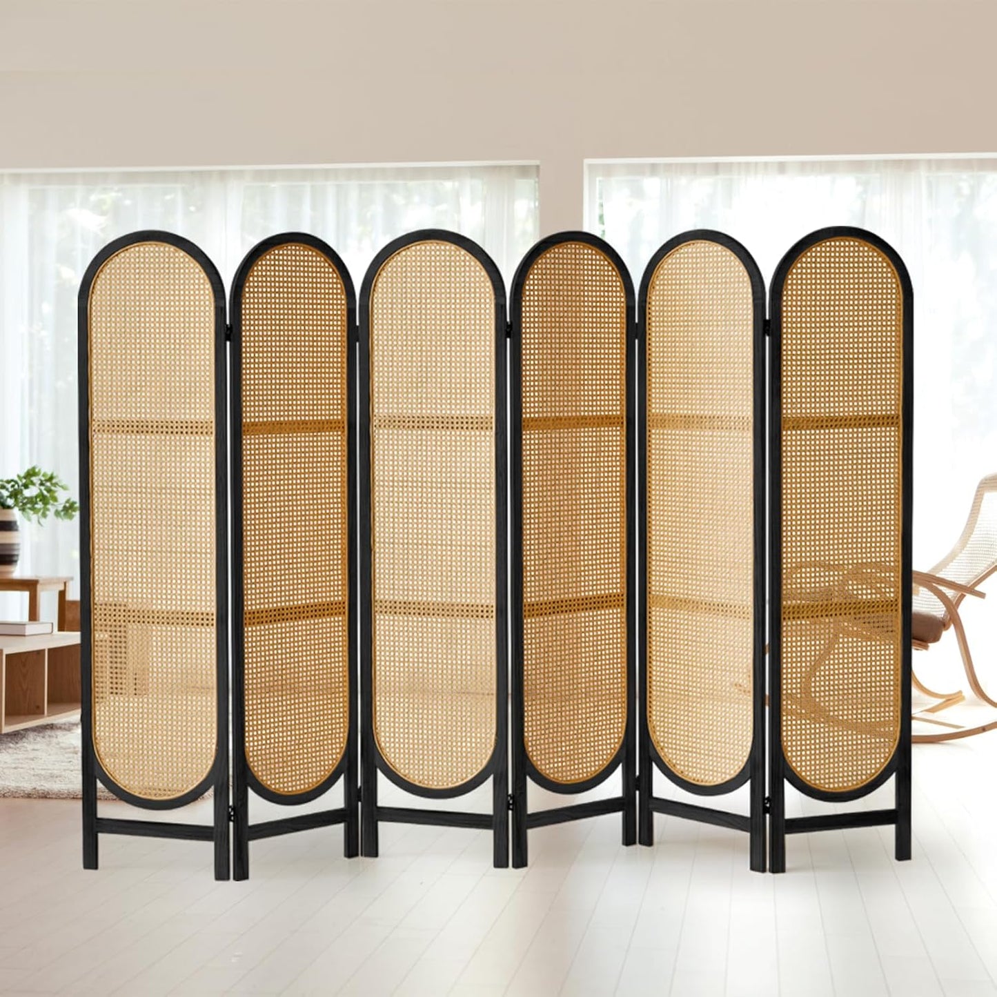 Leesinwing 6 Panels Room Dividers and Hand-Woven Rattan Room Divider Wall, Wood Room Divider Folding Privacy Screens for Home Office Bedroom, Black