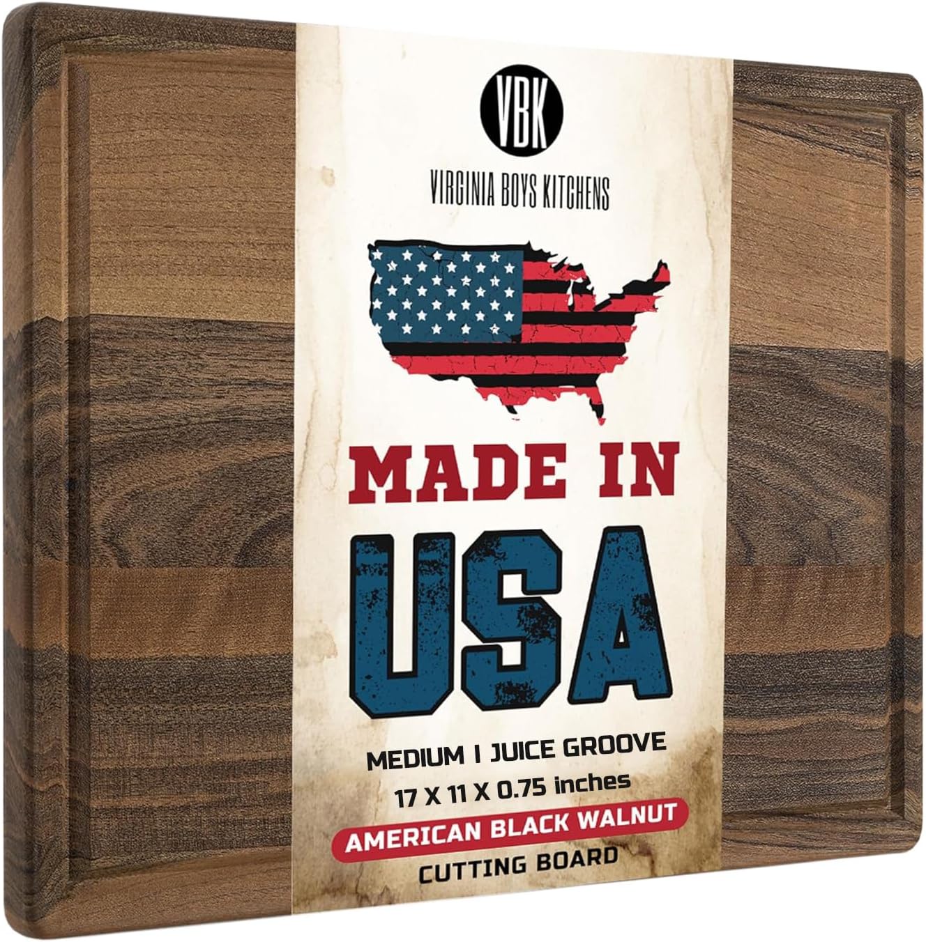 Made in USA Black Walnut Wood Cutting Board by Virginia Boys Kitchens - Butcher Block Wooden Carving Board with Juice Well made from Sustainable Hardwood (17x11)