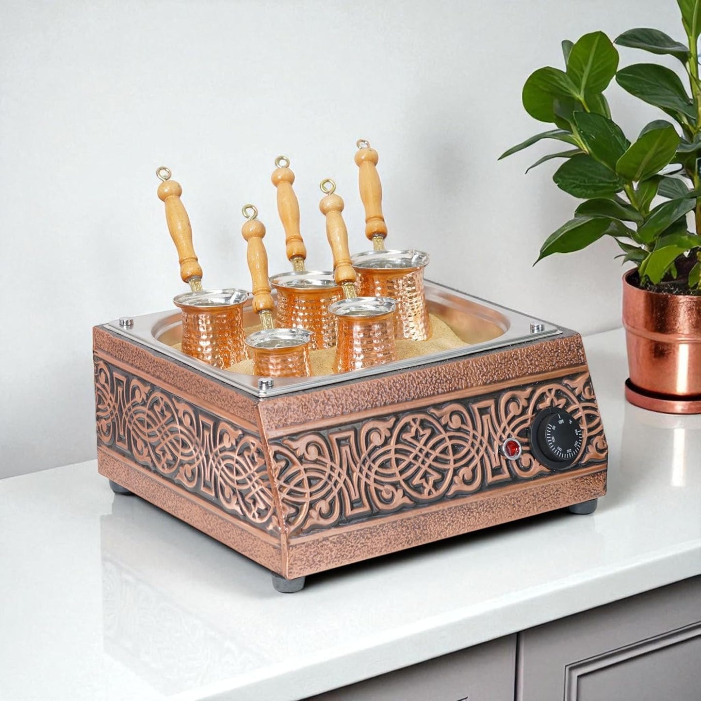 Traditional Handcrafted Copper Sand Coffee Maker Machine – W/ 5-Pots – 1000 Watt, 110 Volt – Authentic Turkish Coffee Experience rich in foam