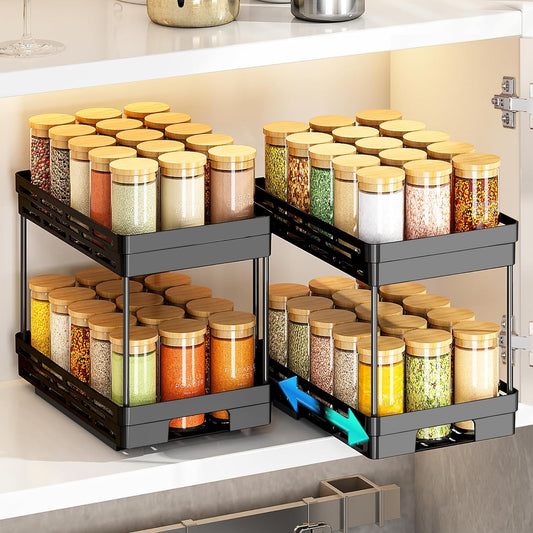 Pull Out Spice Rack Organizer for Cabinet, 2 Pack Widen Slide Out Spice Racks Organizer, Spice Cabinet Organizers, Cabinet Size Need:12'' Highx11'' Deepx6.75'' Wide,Hold 15 Spice Jar Each Tier-2Tier