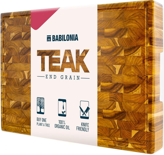 Teak Cutting Boards for Kitchen (ExtraThick 1.7"). Premium Quality Butcher Block, Charcuterie Board. Heavy Duty End Grain Wood Chopping Board 15.7"L x 10.2"W with Handle (Oil bottle & Plate included)