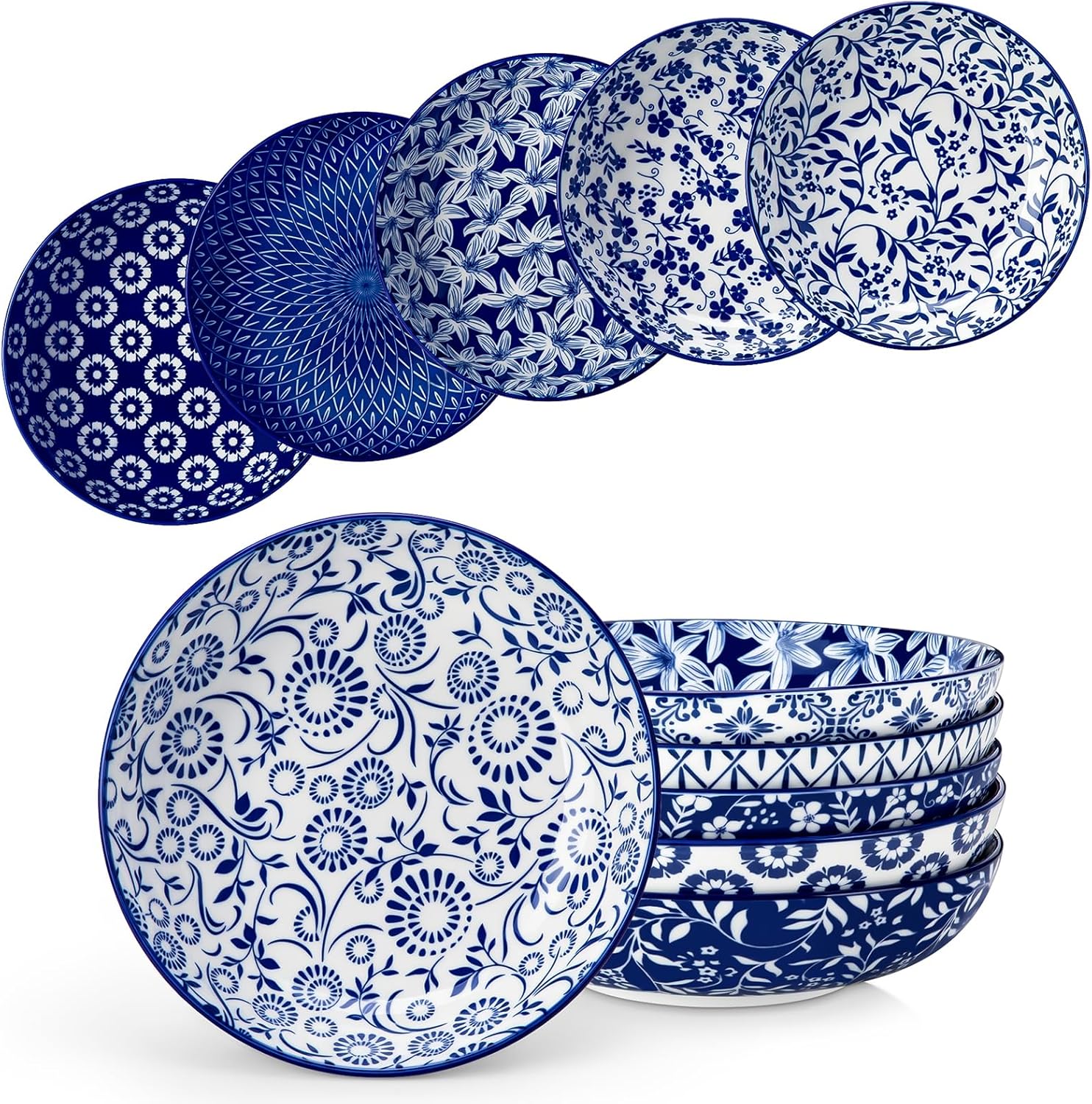 vancasso Selene 8.5" Pasta Bowls Set of 6, 40 oz Porcelain Shallow Salad Bowls, Serving Bowls Large Kitchen Bowl Plates Pasta Plates, Blue & White Floral Design, Microwave Safe