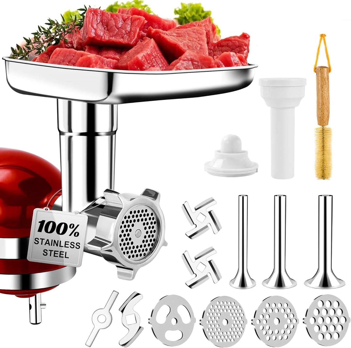 100% Polished Stainless Steel Meat Grinder Attachment for KitchenAid Mixer, Dishwasher Safe, Uncoated Meat Grinder Attachment Anti-Oxidation, Seamless Sausage Stuffer, Thickening Grinding Plate, 18PCS