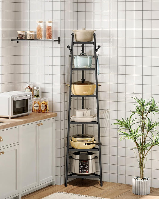Pot Racks, 6-Tier Cookware Stand, Triangle Shelf Storage Tower for Kitchen, Pans Pots Storage Rack, Metal Wire Shelf Organizer, Corner Shelf, for Kitchen, Living Room, Black TPR15BB