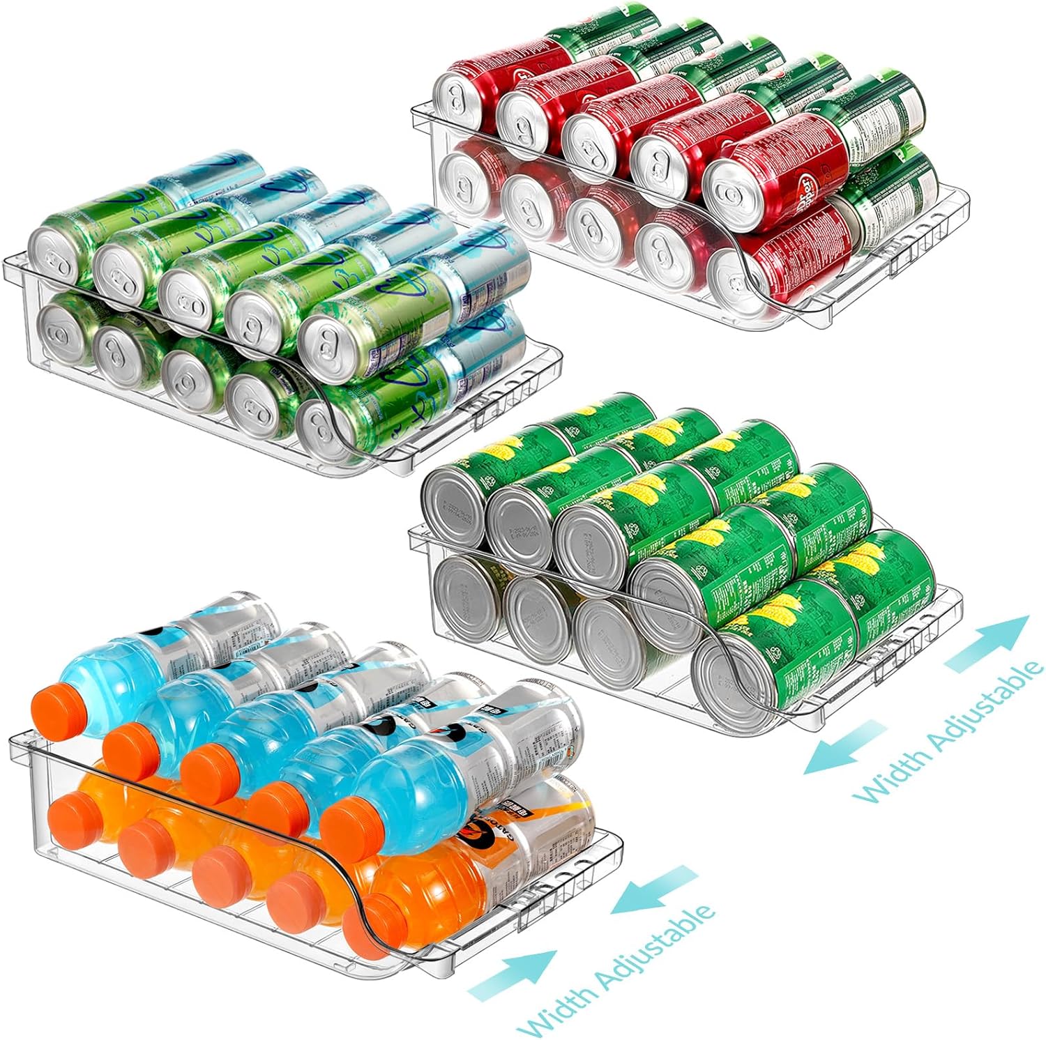 BingoHive 4 Packs Clear Width Adjustable Soda Can Organizer for Refrigerator Expandable Soda Can Dispenser for Beer Soda Seltzer Pop Can Soda Expand Organizer for Fridge Kitchen Pantry