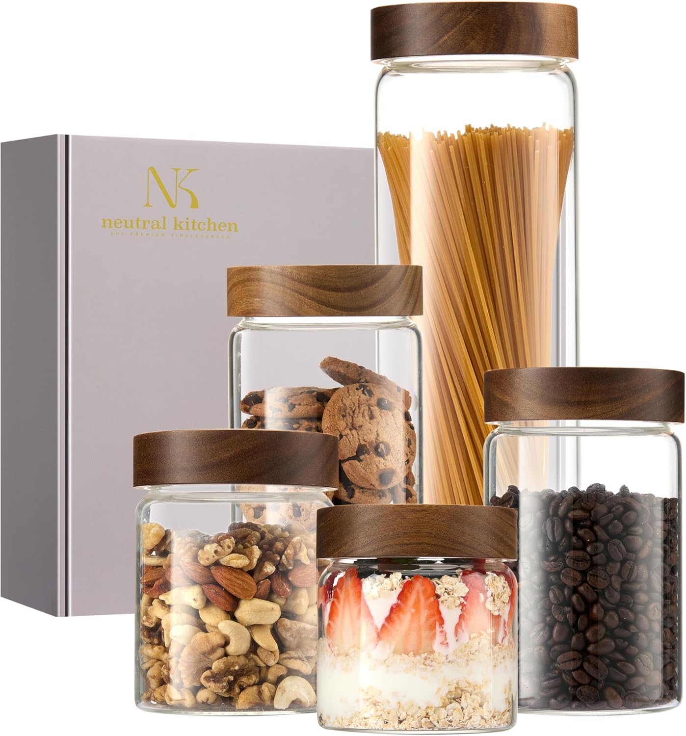 Glass Canister Set of 5 with Acacia Wood Lids Airtight Food Storage Jars for Kitchen Pantry Organization Containers for Spaghetti, Flour, Sugar, Coffee, Tea, Overnight Oats Yogurt More