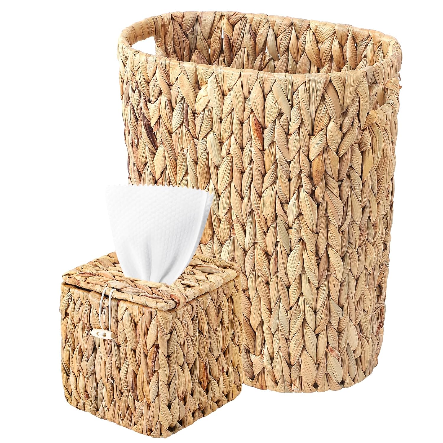 Water Hyacinth Trash Can 15L & Wicker Square Tissue Box, Handwoven Waterproof Waste Basket with Handles, Wicker Home Set for Bedroom, Bathroom, Kitchen, Office, Balcony (Khaki)