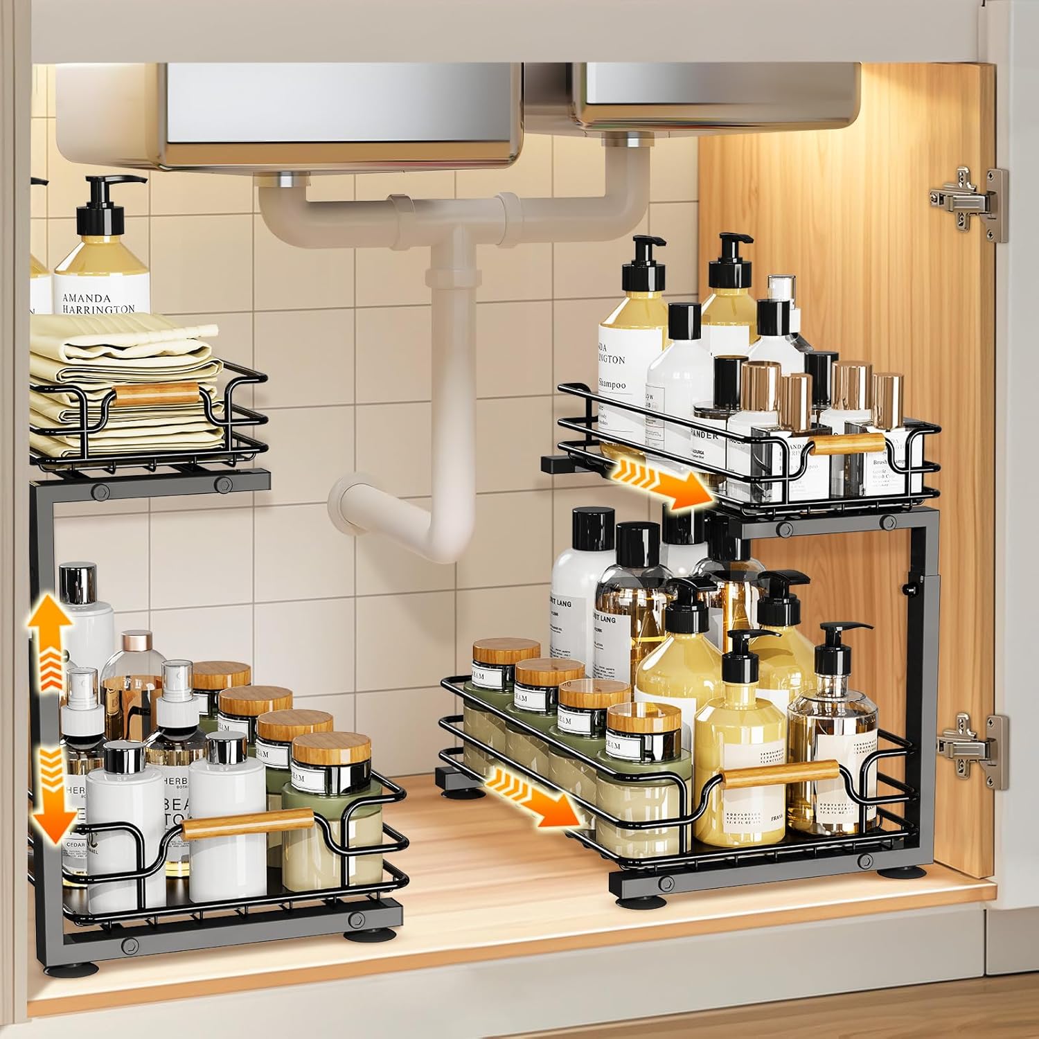 JYPS 2 Pack Under Sink Organizer, 2 Tier Pull out Under Kitchen Bathroom Sink Organizer and Storage, Metal Sliding Drawer for Cabinet Pantry Undersink Organizers Shelf