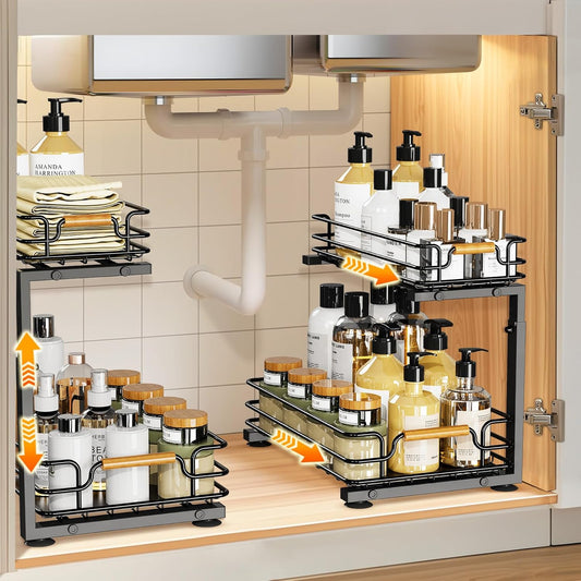 JYPS 2 Pack Under Sink Organizer, 2 Tier Pull out Under Kitchen Bathroom Sink Organizer and Storage, Metal Sliding Drawer for Cabinet Pantry Undersink Organizers Shelf