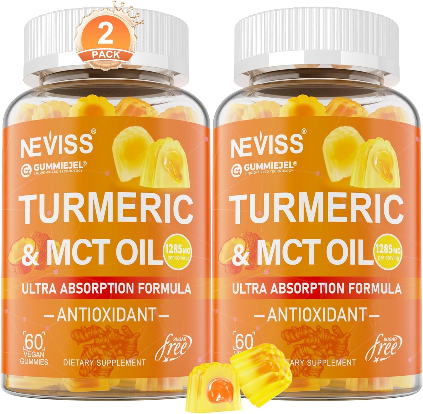 Turmeric Gummies 1000mg w\/MCT Oil C8 C10, Organic Antioxidant, Turmeric Curcumin Supplement with Black Pepper Extract, Support Comfort, Boost Energy, Ultra Absorption, Sugar Free, 120Cts