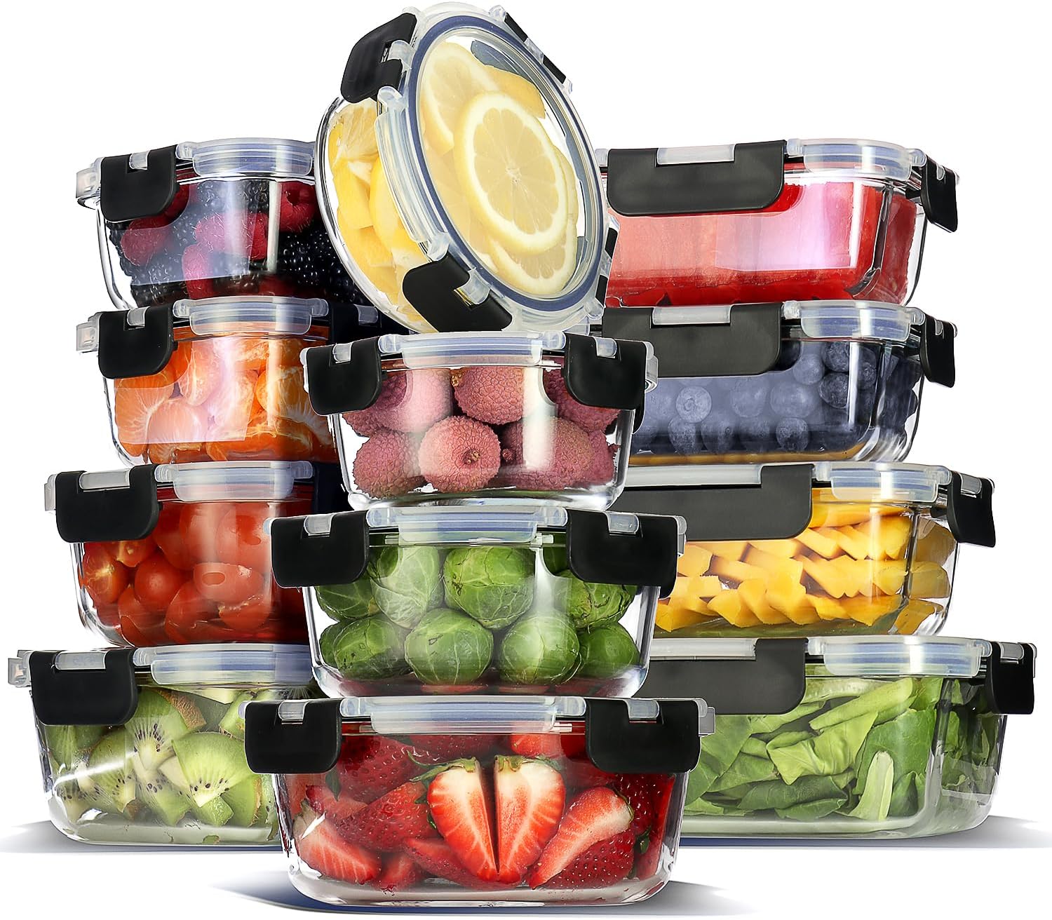 EATEX 24pc Glass Storage Containers with Lids, 12 Set Glass Food Storage Containers with 12 Airtight Lids, Pantry Kitchen Meal Prep Containers for Lunch, Freezer Storage Containers, Oven Safe