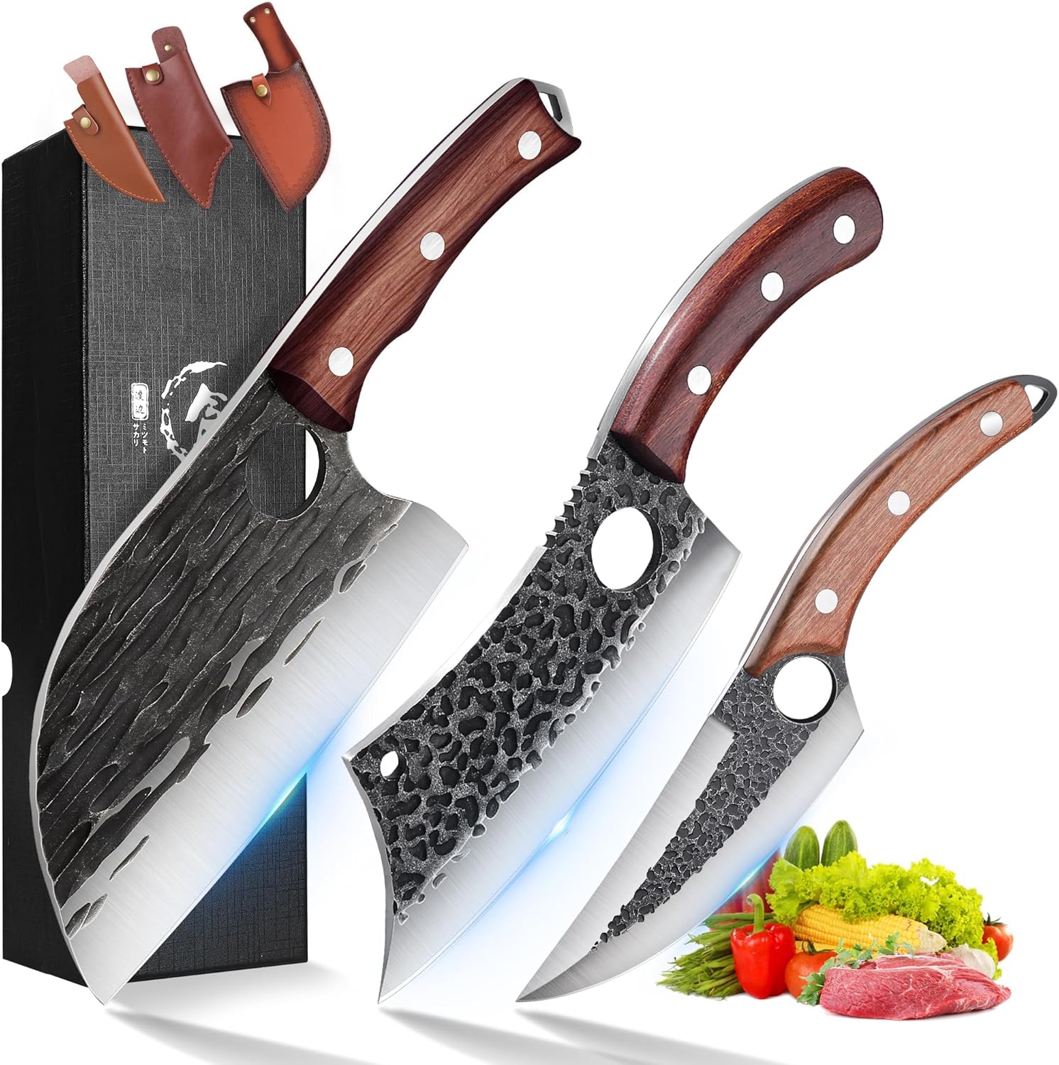 ROCOCO 3PCS Butcher Cleaver Knife Set for Meat Cutting Serbian Chef Knife Viking Boning Cleaver with Sheaths for Kitchen Outdoor BBQ Camping Birthday Father Mother Christmas Gift Idea Men
