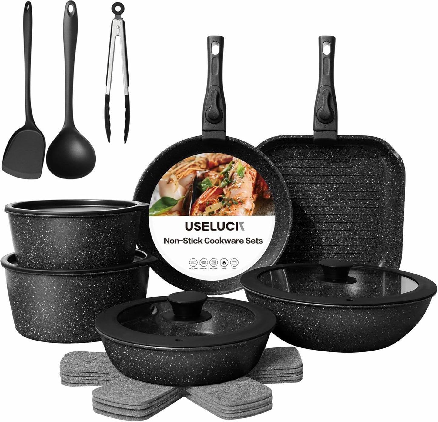 Useluck 20 Pcs Pots and Pans Set Non Stick, Ceramic Cookware Set Detachable Handle, RV Kitchen Cooking Set Removeable Handles, Oven Safe, Induction Ready, Stackable Non-stick, Black